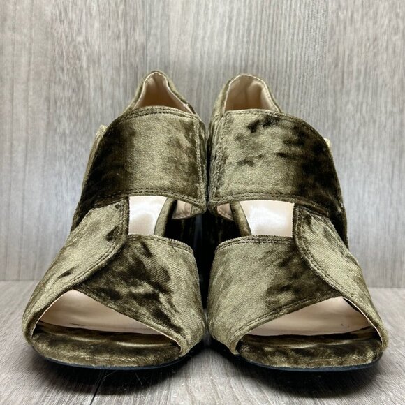 CAbi Sandals Womens 7 Interlock Block Heel Crushed Velvet Open Toe Moss Green - Picture 2 of 13